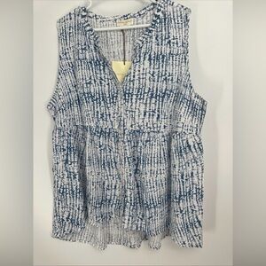 Cynthia Rowley New Tunic Blouse Plus 2X Blue White Button Front Hi-low Top
